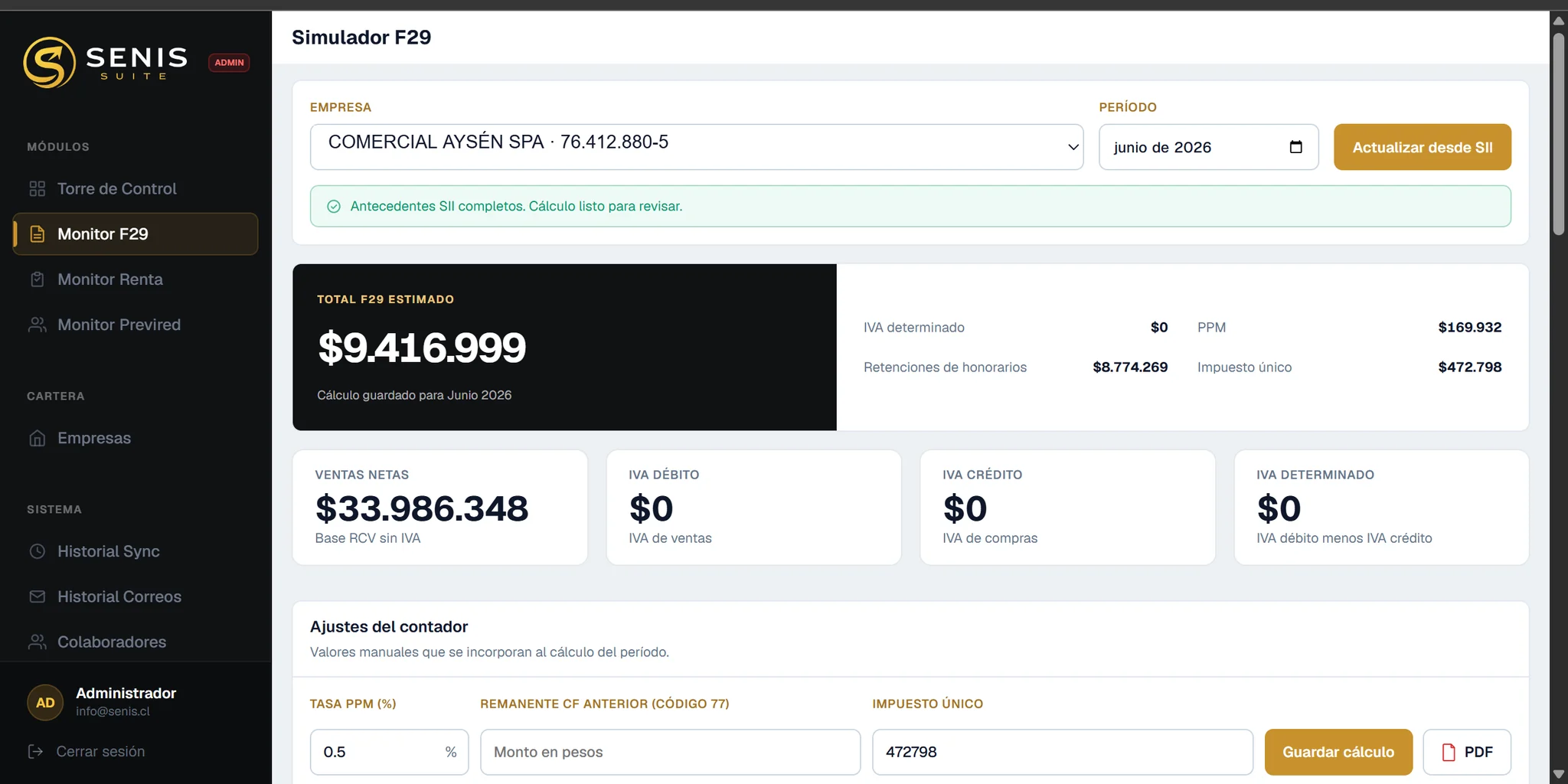 Reporte F29 — Senis Suite